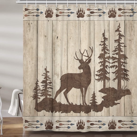 Rustic Deer Shower Curtain, Country Cabin Mountain Forest Lodge Hunting Fabric Shower Curtains Set for Bathroom Decorative, Woodland Animal Print Restroom Decor Accessories with Hooks 72X72 Inch