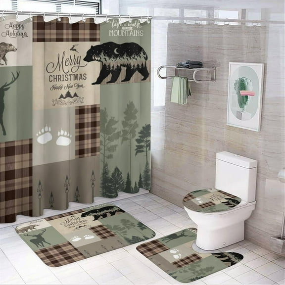 Rustic Deer Shower Curtain set 4 Pcs,Farmhouse Country Patchwork Hutting Wild Animals Cabin Bear Deer Mountain Black Bathroom Decor Set,Toilet Lid Cover,Bath Mat