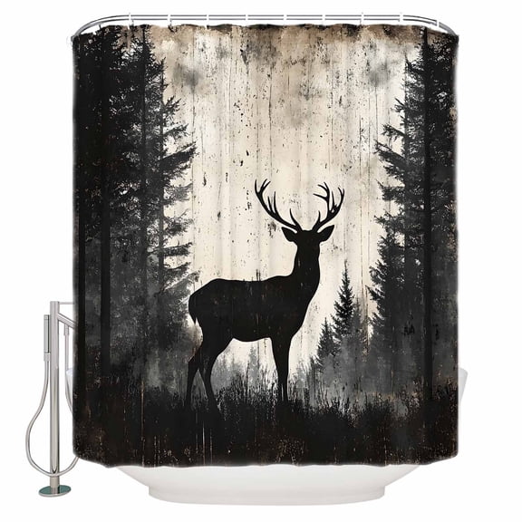 Rustic Deer Shower Curtains for Bathroom Waterproof Fabric Bath Curtains Decor Bath Tub Curtain Vintage Country Elk Forest Black Beige Decorative Shower Curtain Sets with 12 Hooks, 72x72 Inch