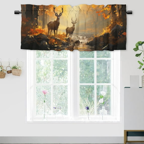 Rustic Deer Valance Rod Pocket Window Curtain for Kitchen Forest Animal Elk Wildlife Country Hunting Autumn Thermal Insulated Room Darkening Curtain for Dinning Room 54 by 18 in, 1 Panel