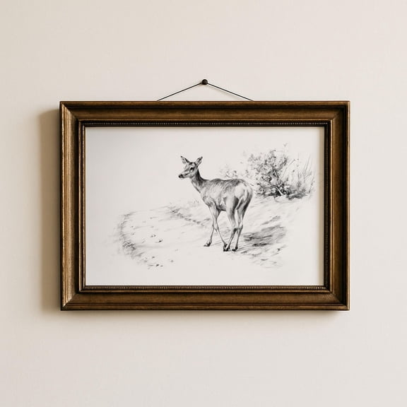 Rustic Deer Wall Art Print Woodland Wildlife Sketch Black And White Deer Artwork Rustic Wildlife Art Print Farmhouse Nature Decor Poster, Stretched Canvas Size 16x24 F03.1.15l1274