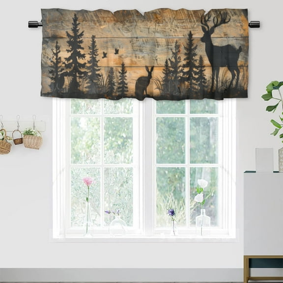 Rustic Deer Window Curtains Valances Forest Tree Retro Barn Door Wildlife Animal Wooden Planks Rod Pocket Window Valance for Living Room Bathroom Bedroom Kitchen 54 by 18 in, 1 Panel