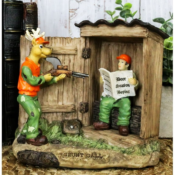 Rustic Deer With Rifle Jumping A Hunter With Newspapers In Outhouse Figurine