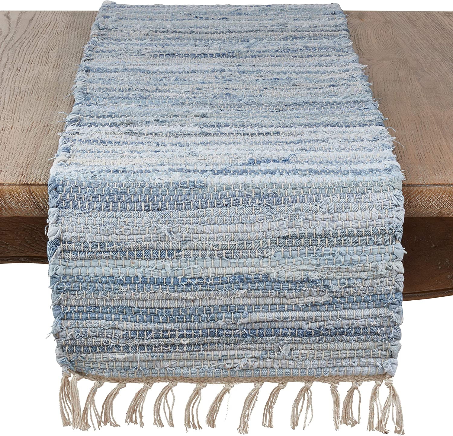 Rustic Denim Chindi Cotton Table Runner with Fringe