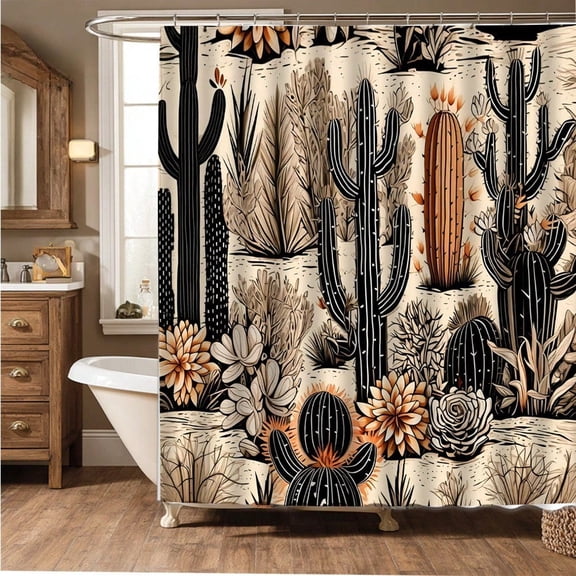 Rustic Desert Cactus Shower Curtain Southwestern Desert Landscape Design with Saguaro Cacti & Wildflowers, Beige/Brown/Black/Brown Retro Bathroom Shower Curtains With Grommets Hook