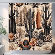 Rustic Desert Cactus Shower Curtain Southwestern Landscape with Saguaro Cacti Wildflowers, Retro Brown Bathroom Shower Curtains with Hook