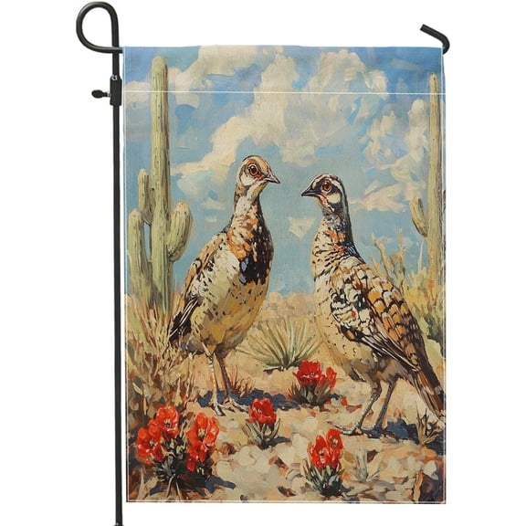 Rustic Desert Quail Garden Flag 12 x 18 Inch Double Sided Burlap Outdoor Decorative Western Cactus Bird Flag