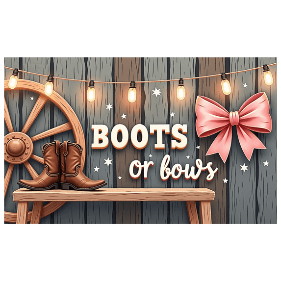 Rustic Design Gender Reveal Banner Country Style Baby Shower Boots or Bows Decoration with String Lights for Party Decor Indoor Event Celebration