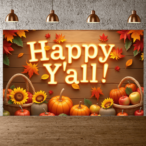 Rustic Design Happy Y'all Pumpkin Fall Banner Decorative Leaves Colorful Autumn Theme for Thanksgiving Celebration Home Decoration Festival Decor