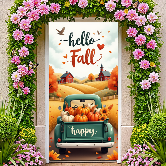 Rustic Design Hello Fall Harvest Theme Pumpkin Truck Scene for Autumn Decoration Seasonal Celebration Outdoor Decor