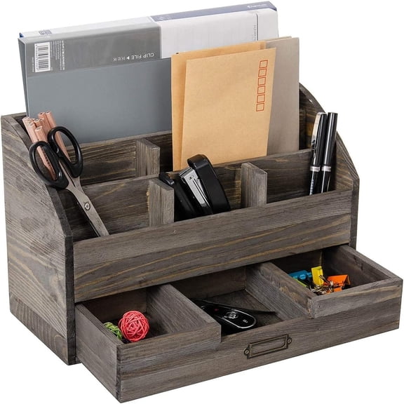 Rustic  Desk Organizer and Storage with Drawer and Pen Holder Bill Mail Organizer and Mail Holder for Countertop Kitchen Desk Decorative & Workspace Organizers(Rock Grey)