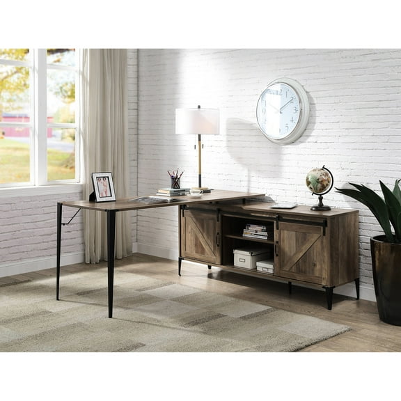 Rustic Desk With Oak Finish, Black Metal Legs And Space Saving Storage Solutions L-shape Writing Table Look & Finish Legs,