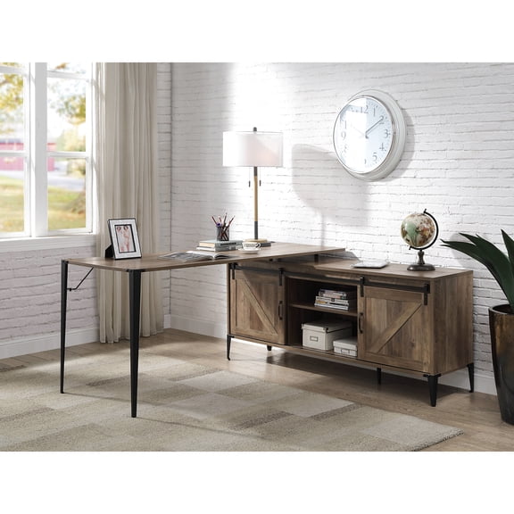 Rustic Desk With Sliding Barn Door Storage & Cord Management Hole Storage, Oak Black Colors