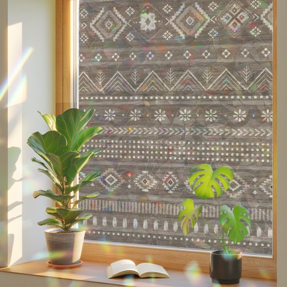 Rustic Diamond Rows Window Privacy Film, Boho Brown Wood Grain Tribal Striped Static Cling Stained Glass Window Sticker Decorative Removable Rainbow Film for Glass 17.7”x39.3”