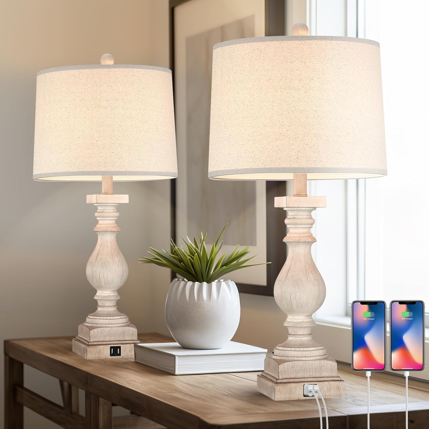 Rustic Dimmable Table Lamps Set of 2 with USB Charging Ports,26.5”Resin ...
