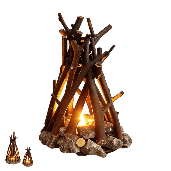 Rustic Dimmable Wooden Campfire Table Lamp, LED Night Light with Flame Sound & 3 Modes, for Bedroom Desk Decor or Indoor Camping