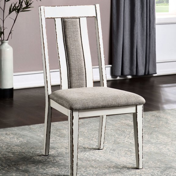 Rustic Dining Chairs Of 2, Weathered White/warm Gray Fabric, Solid Wood, Modern Seating Solution Chair Wood Warm Fabric Padding, Contemporary Room Choice