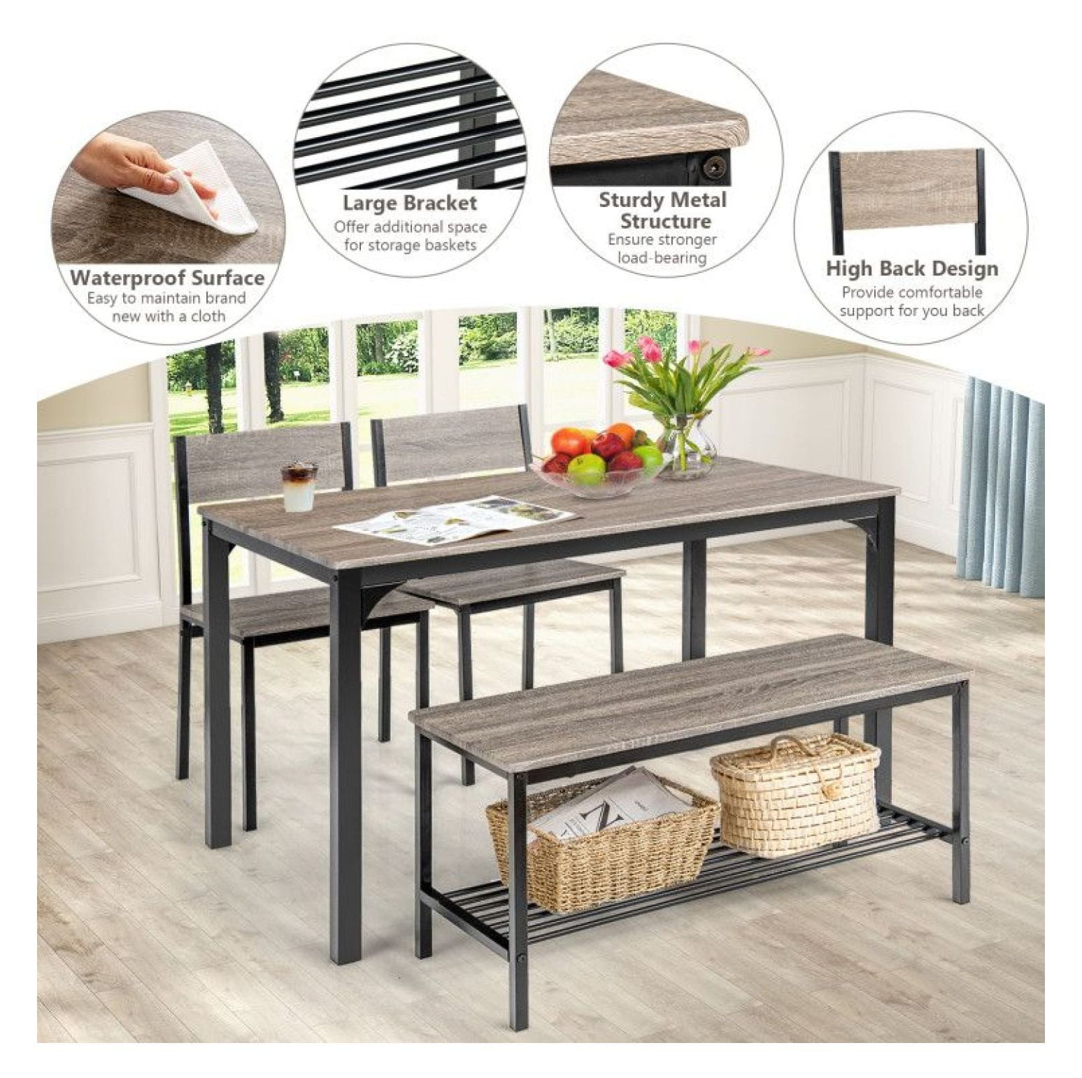 Rustic Dining Table Set 4 Pieces - Kitchen Table with 2 Chairs & Bench ...