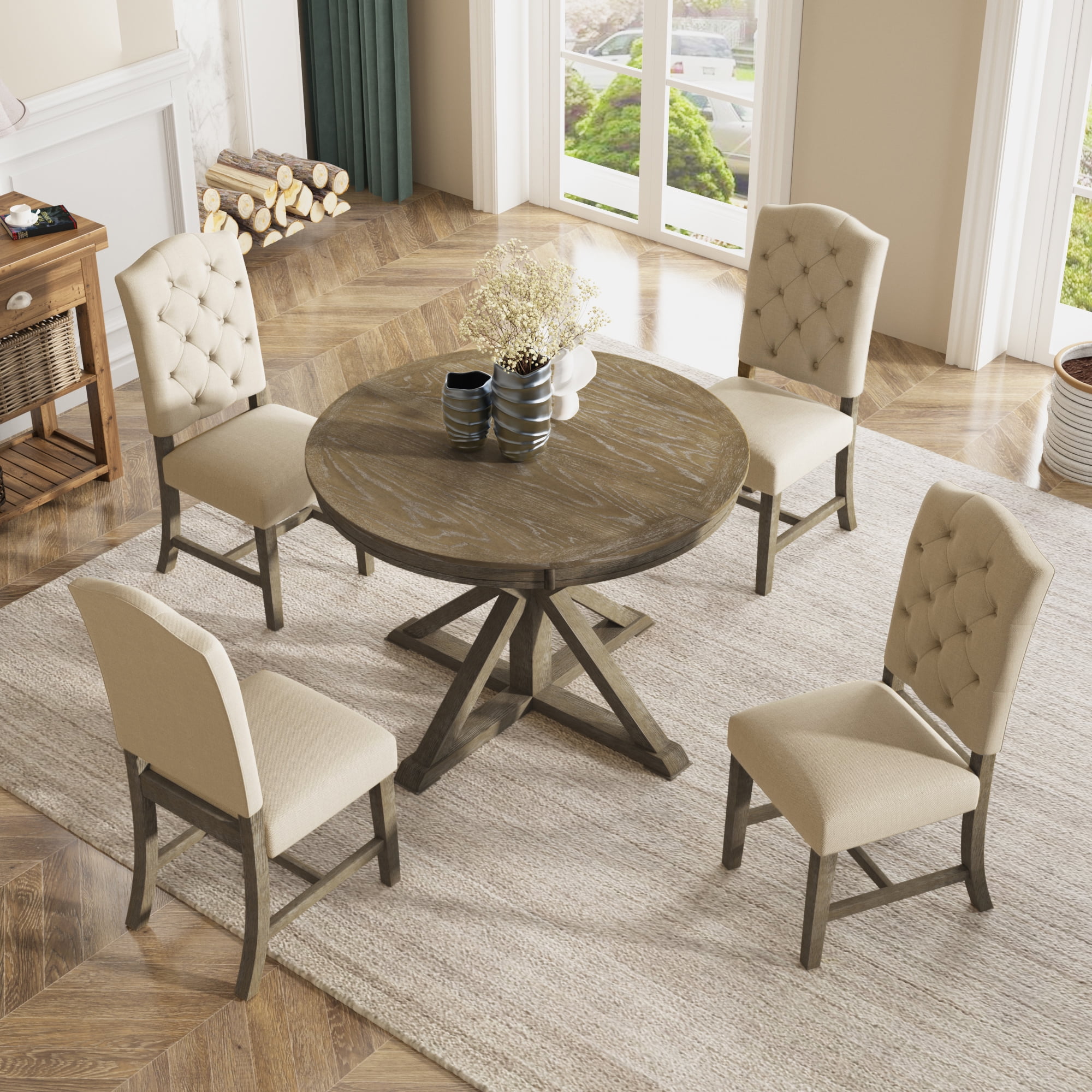 https://i5.walmartimages.com/seo/Rustic-Dining-Table-Set-4-Round-Extendable-Cross-Legs-4-Upholstered-Chairs-5-Pieces-Solid-Wood-Farmhouse-Set-Room-Kitchen-Living-Room-Natural_042b6fba-7f5e-4582-b0f1-5ee51fa0b91e.e2a053c608a38e88ad58e7d91684d7ac.jpeg