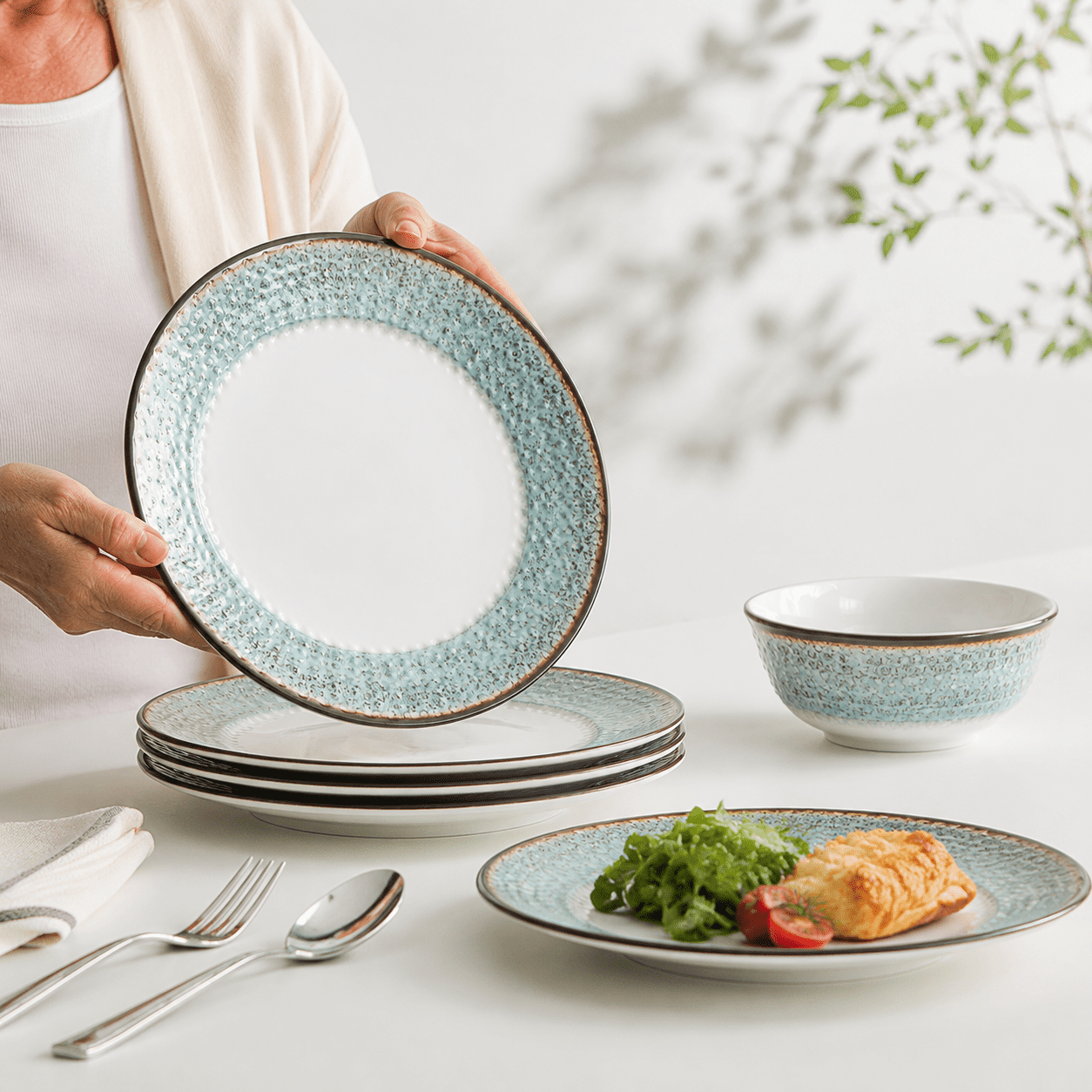 Rustic Dinnerware Set, 12-Piece Unbreakable Lightweight Tableware for ...
