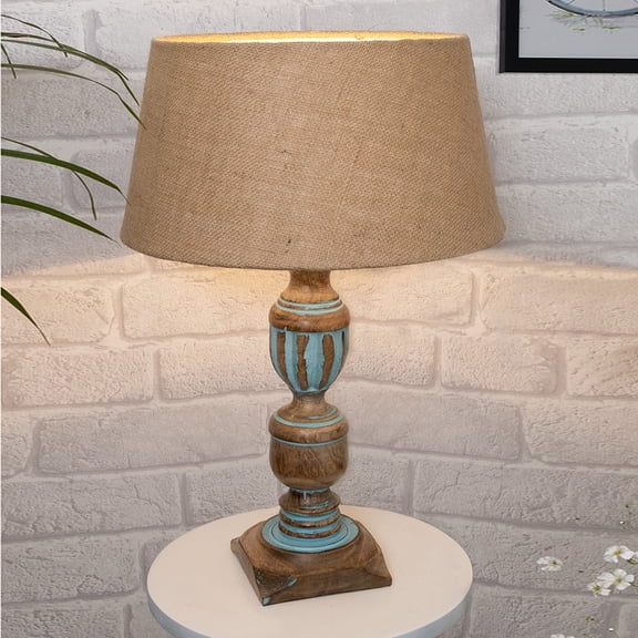 Rustic Distress Blue French Trophy Carved Table lamp with Empire Jute Shade