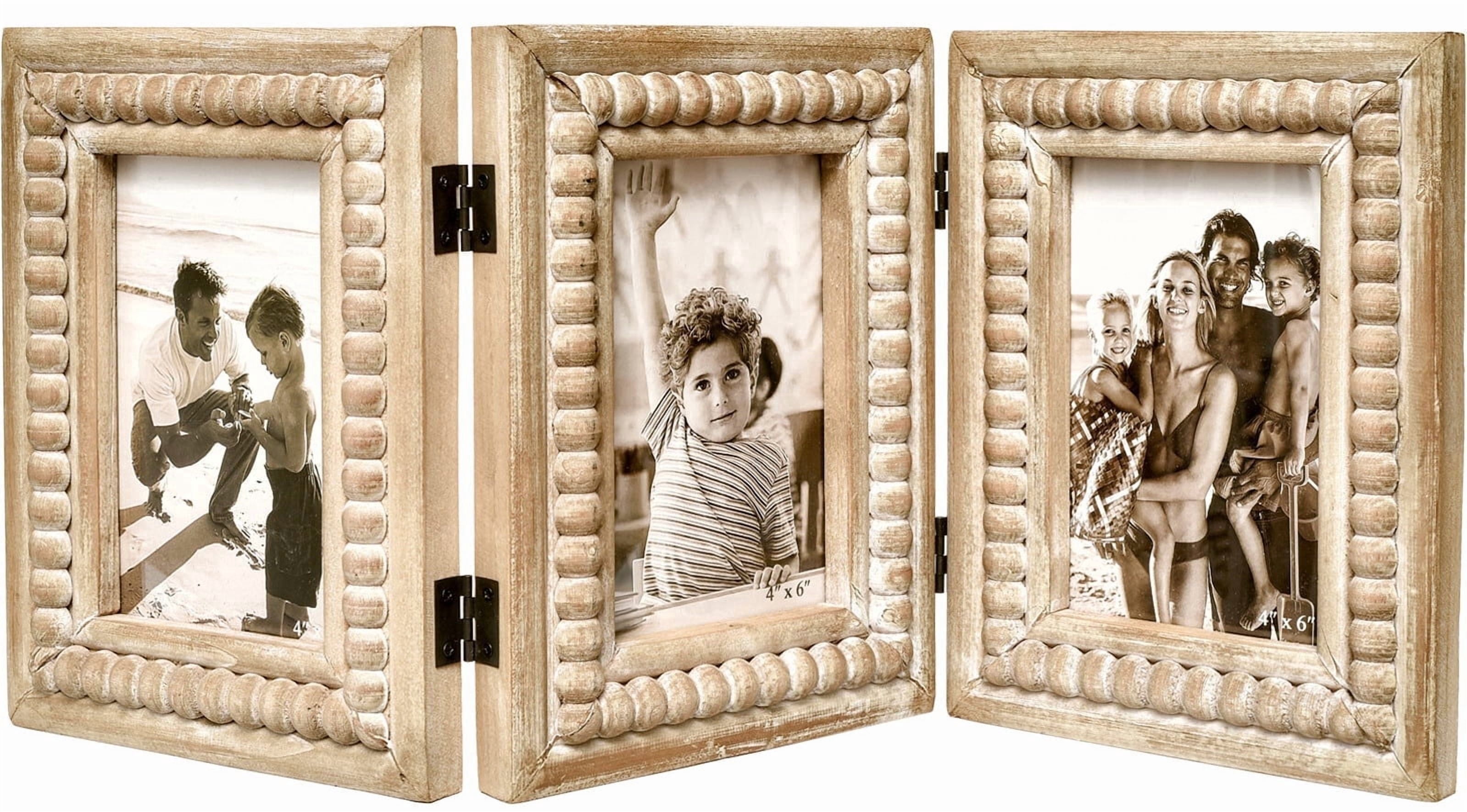 MODE HOME Rustic Distressed 3 Photos Folding Picture Frame Collage with Decorative Wood Beads, 3 Picture Frames 4x6 for Table or Wall Hanging, Farmhouse Gift Idea for Family and Friends