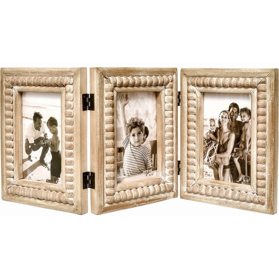 MODE HOME Rustic Distressed 3 Photos Folding Picture Frame Collage with Decorative Wood Beads, 3 Picture Frames 4x6 for Table or Wall Hanging, Farmhouse Gift Idea for Family and Friends