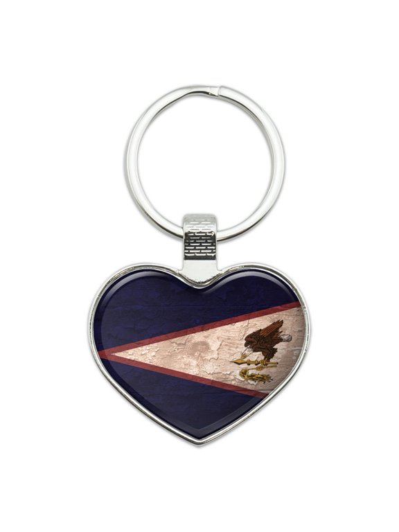 Rustic Distressed American Samoa Flag Keychain Heart Love Metal Key Chain Ring