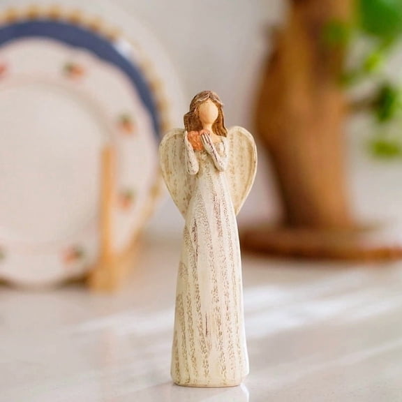 Rustic Distressed Angel Figurine Statue, Hand Carved Textured Angel Holding Heart Tabletop Home Decor Ornament