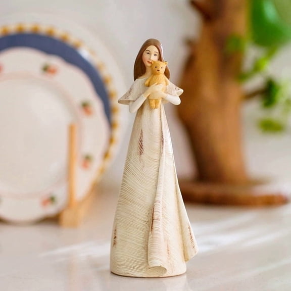 Rustic Distressed Angel Figurine Statue, Hand Carved Textured Angel Holding Heart Tabletop Home Decor Ornament