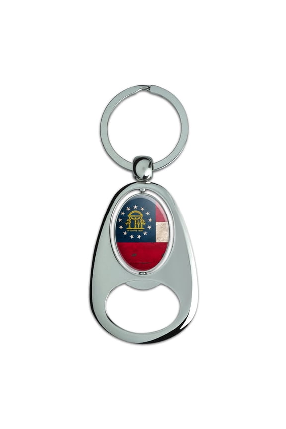 Rustic Distressed Georgia State Flag Keychain Chrome Metal Spinning Oval Bottle Opener