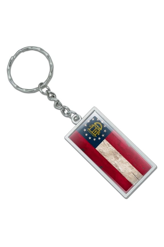 Rustic Distressed Georgia State Flag Rectangle Keychain in Chrome Plated Metal