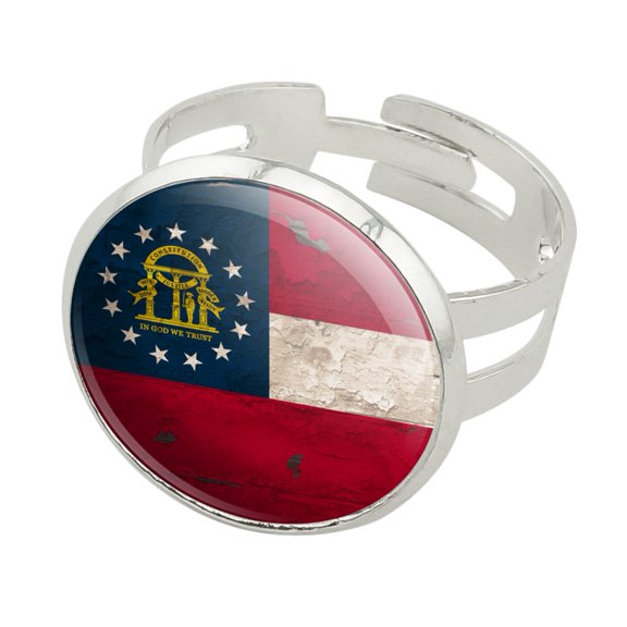 Rustic Distressed Georgia State Flag Silver Plated Adjustable Novelty Ring