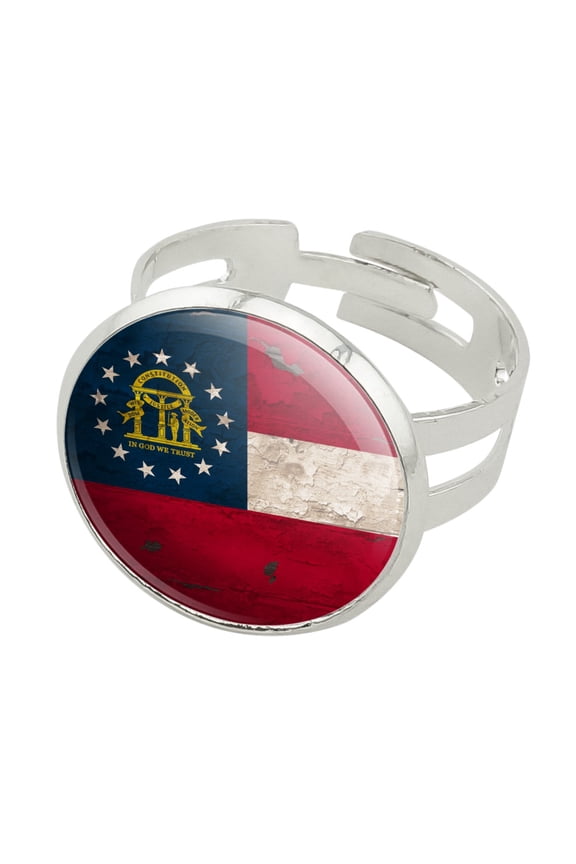 Rustic Distressed Georgia State Flag Silver Plated Adjustable Novelty Ring