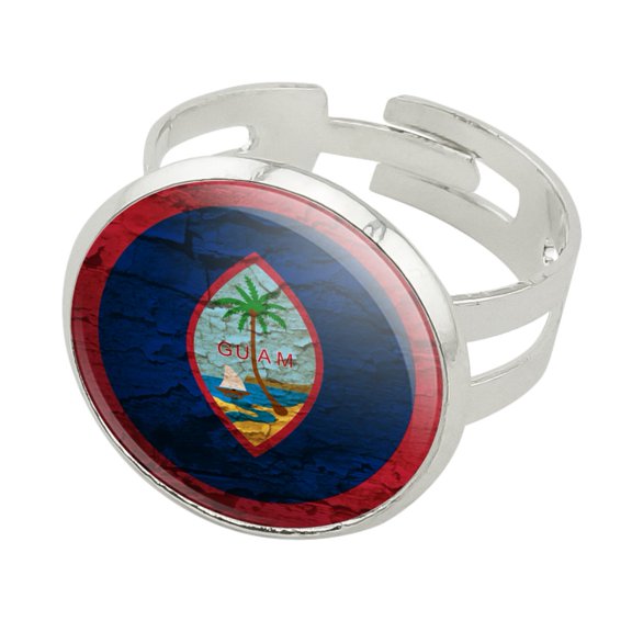Rustic Distressed Guam Flag Silver Plated Adjustable Novelty Ring