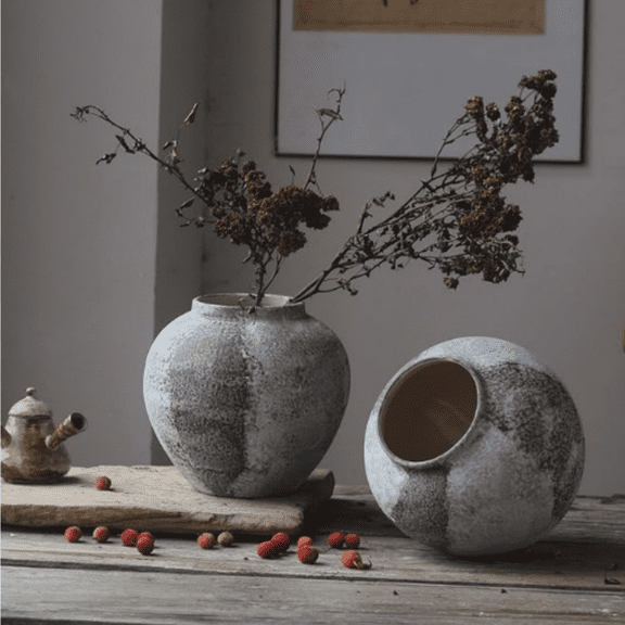 Rustic Distressed Large Ceramic Vase, Terracotta Pottery Tall Decorative Vases, Concrete Vases Clay Stone Antique Big Vase for Home Decor (Round 8.6 in X 8 in)