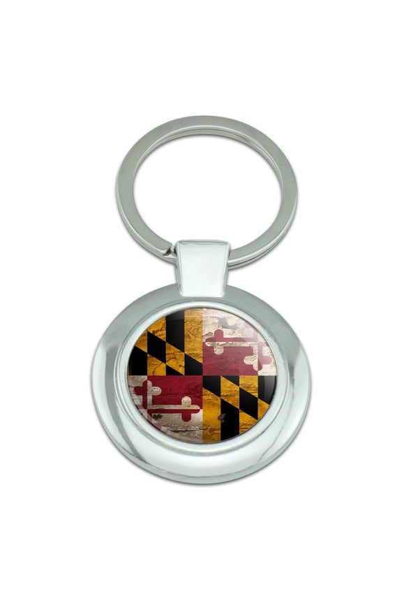 Rustic Distressed Maryland State Flag Keychain Classy Round Chrome Plated Metal