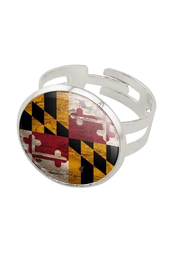 Rustic Distressed Maryland State Flag Silver Plated Adjustable Novelty Ring