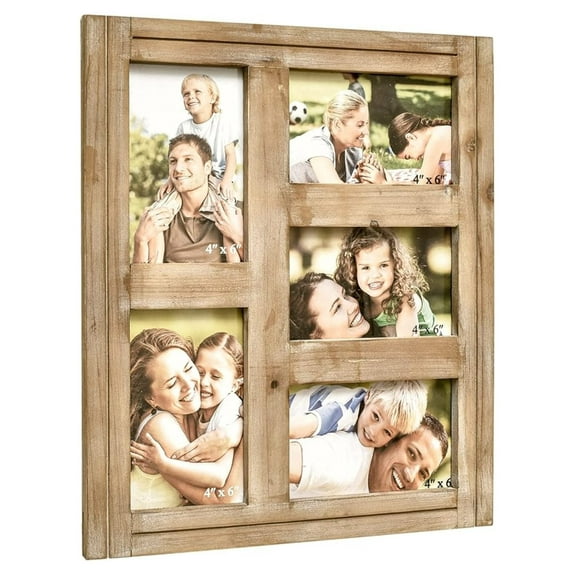 Rustic Distressed Natural Wood Wall Hanging Picture Photo Frame Collage - 5 Openings 4x6 Picture Frame - Farmhouse Picture Frame Wall Decor
