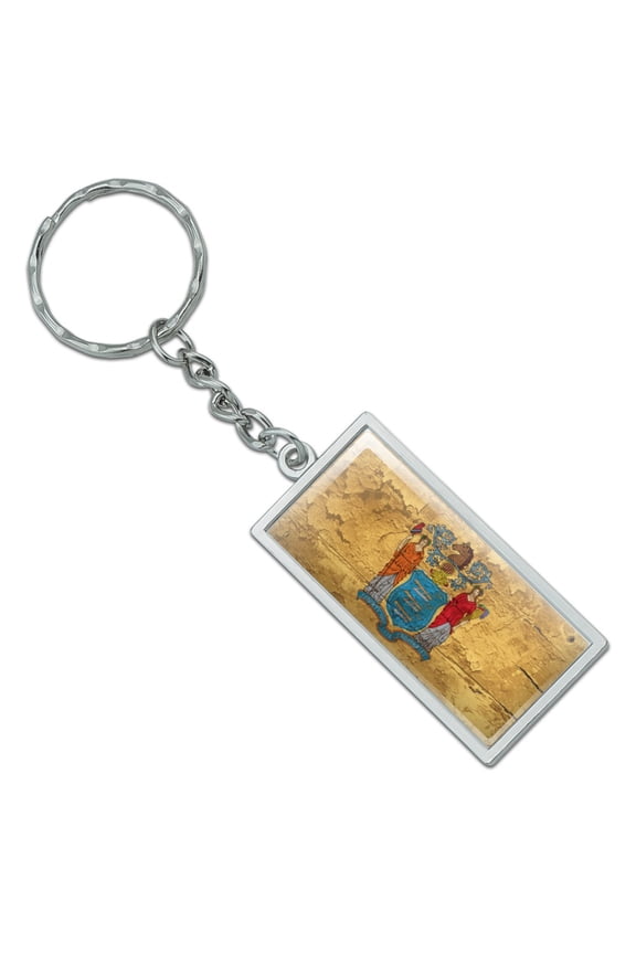 Rustic Distressed New Jersey State Flag Rectangle Chrome Plated Metal Keychain Key Chain