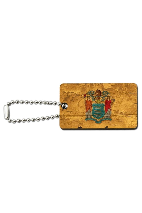 Rustic Distressed New Jersey State Flag Wood Wooden Rectangle Keychain Key Ring