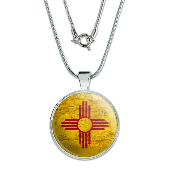 Rustic Distressed New Mexico State Flag 1" Pendant with Sterling Silver Plated Chain