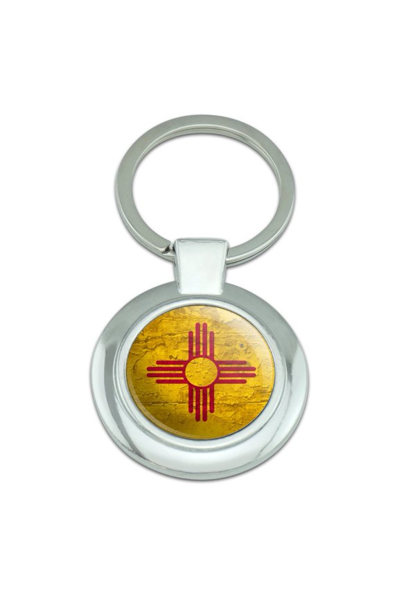 Rustic Distressed New Mexico State Flag Keychain Classy Round Chrome Plated Metal