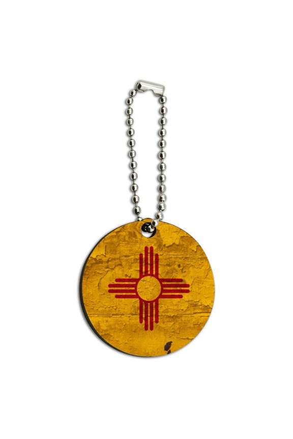 Rustic Distressed New Mexico State Flag Wood Wooden Round Keychain Key Chain Ring