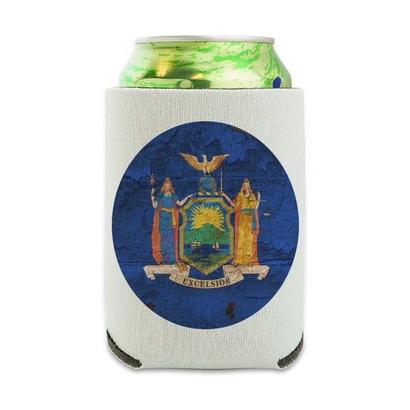 Rustic Distressed New York State Flag Can Cooler - Drink Sleeve Hugger Collapsible Insulator - Beverage Insulated Holder