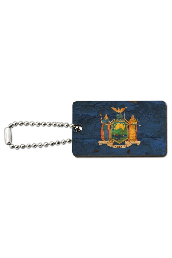 Rustic Distressed New York State Flag Wood Wooden Rectangle Keychain Key Ring
