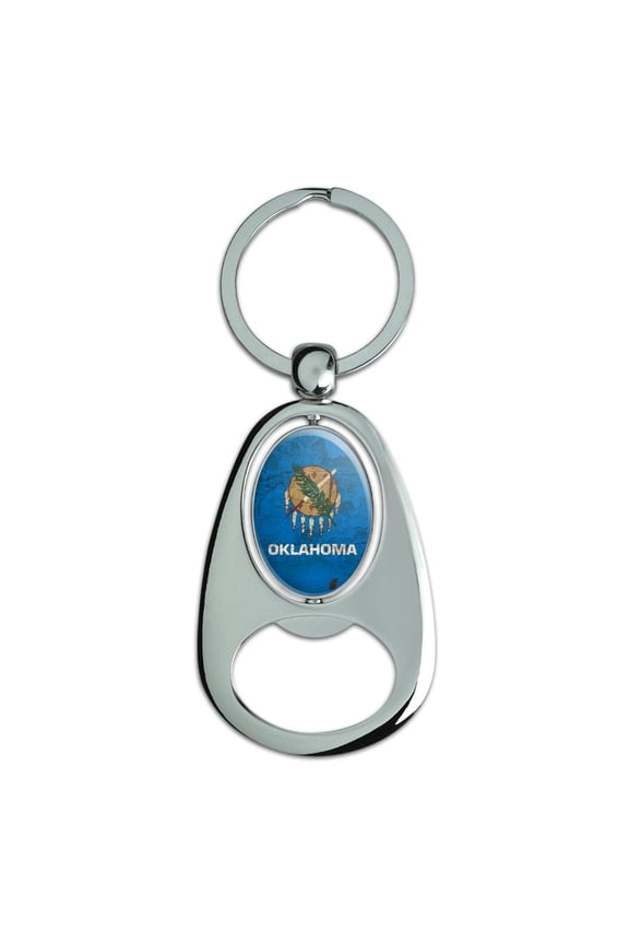 Rustic Distressed Oklahoma State Flag Keychain Chrome Metal Spinning Oval Bottle Opener