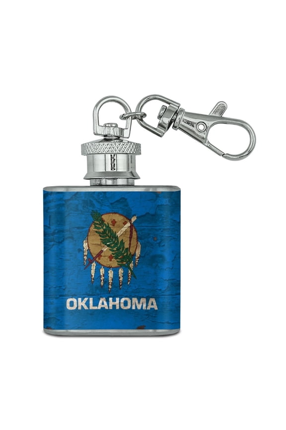 Rustic Distressed Oklahoma State Flag Stainless Steel 1oz Mini Flask Key Chain