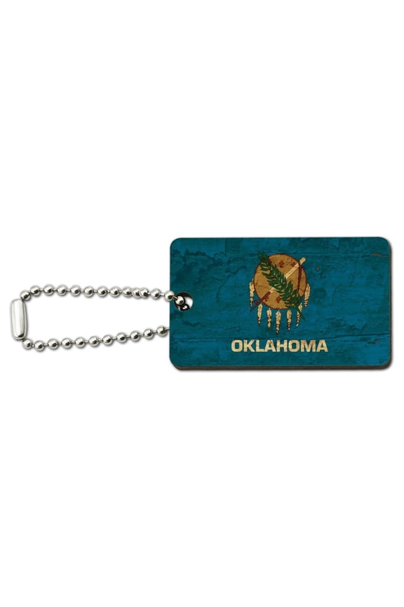 Rustic Distressed Oklahoma State Flag Wood Wooden Rectangle Keychain Key Ring