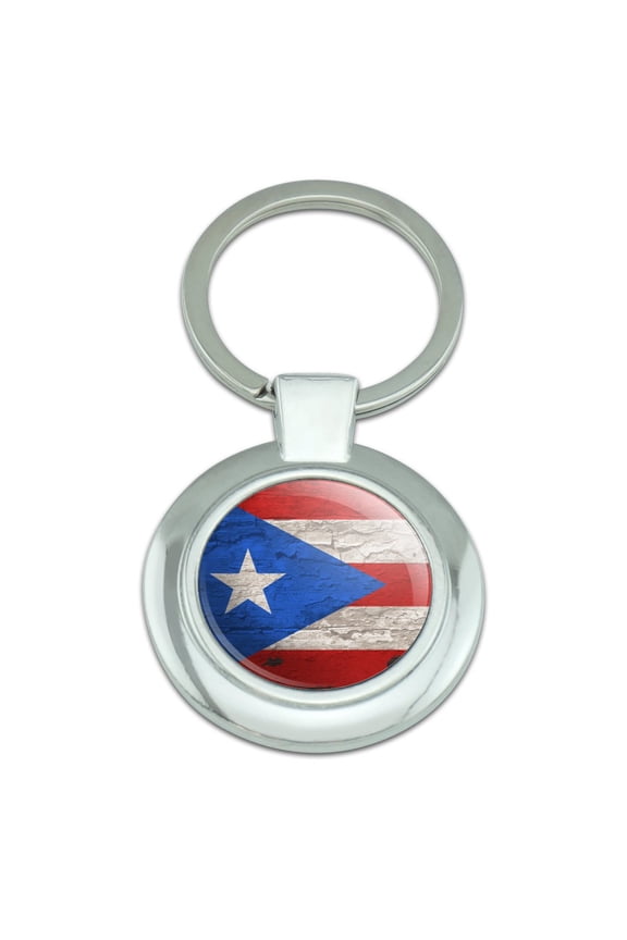 Rustic Distressed Puerto Rico Flag Wood Look Keychain Classy Round Chrome Plated Metal